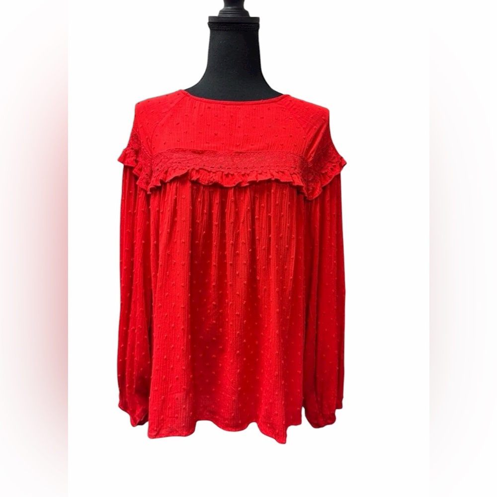 Vine & Love Scarlet Long Sleeve Blouse with Ruffle & Lace Trim Size M